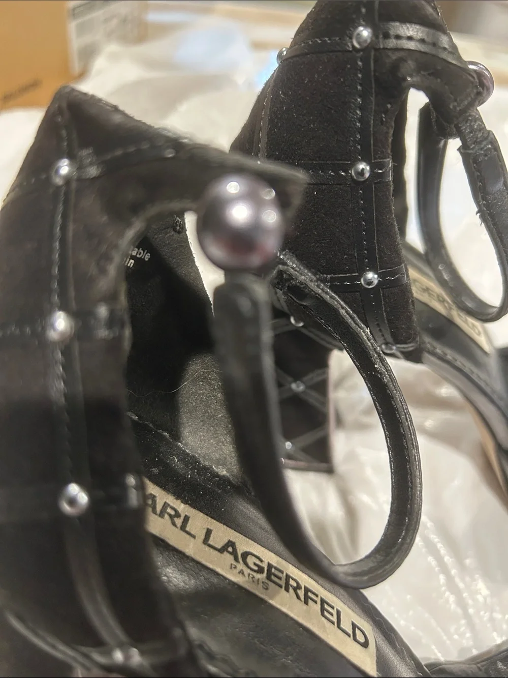 Karl Lagerfeld Black Leather Ankle-Strap Square-Toe Heels